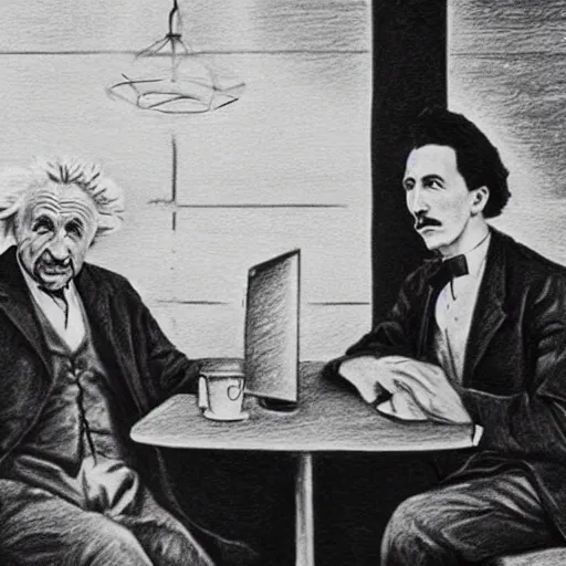 Image similar to Einstein and Tesla sitting at cafe, pencil drawing, ultra detailed