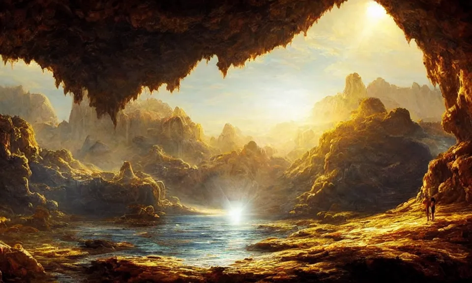 Prompt: the most beautiful panoramic landscape, oil painting, huge and majestic city underground, in a giant cave with a floating sun, epic, vast, cinematic lighting, highly detailed, very realistic