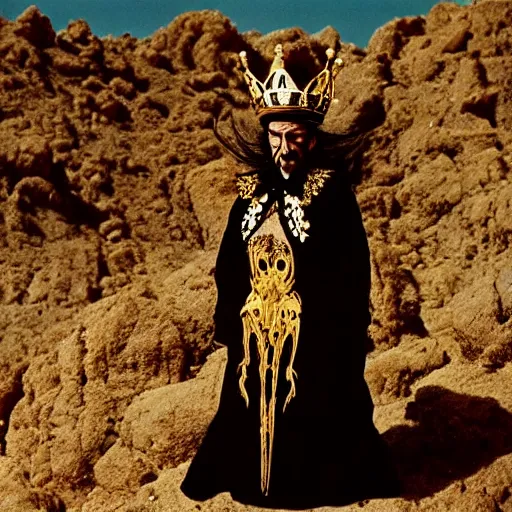 Image similar to salvador dali wearing a black costume with jewels and golden crown, in a dry rocky desert landscape, visible sky and sunny atmosphere, fata morgana film still from the movie by alejandro jodorowsky with cinematogrophy of christopher doyle and art direction by hans giger, anamorphic lens, kodakchrome, very detailed photo, 8 k