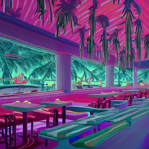 Image similar to inside psychedelic beachfront fast food restaurant with palm trees by simon stalenhag