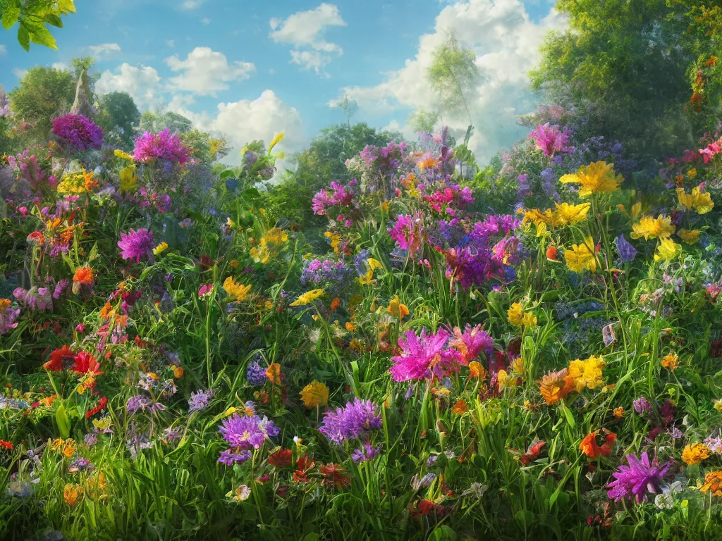 Prompt: sunlight study, wildflower garden, art nouveau, by jan davidz de heem and ( ( ( ( ( lisa frank ) ) ) ) ), 8 k, sharp focus, octane render, kauai