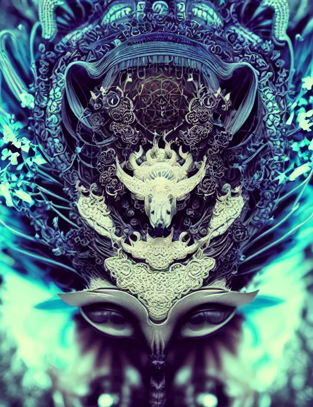 Image similar to goddess macro close - up portrait wigh crown made of ram skull. beautiful intricately detailed japanese crow kitsune mask and clasical japanese kimono. betta fish, jellyfish phoenix, bioluminiscent, plasma, ice, water, wind, creature, artwork by tooth wu and wlop and beeple and greg rutkowski