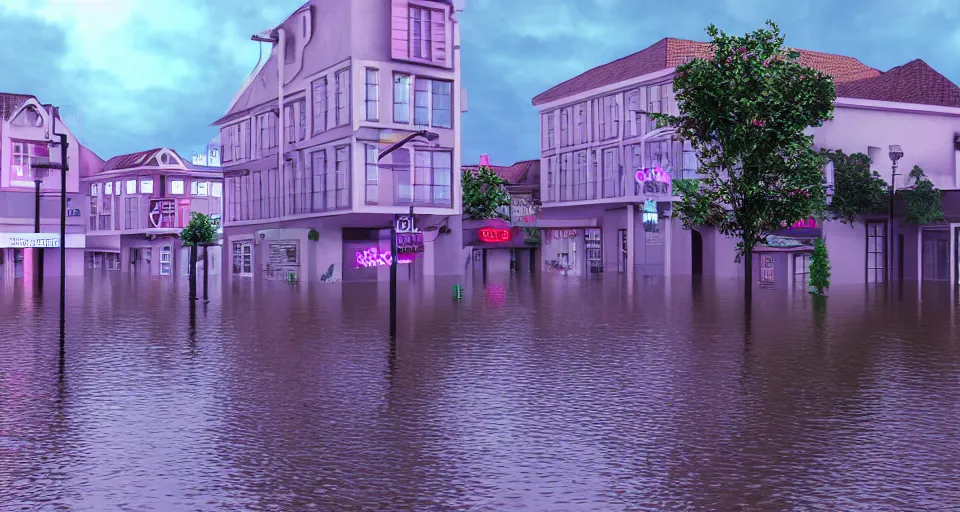 Image similar to 80s vaporwave outrun 3d Render of a german town being flooded, liminal space retro, grainy, noisy