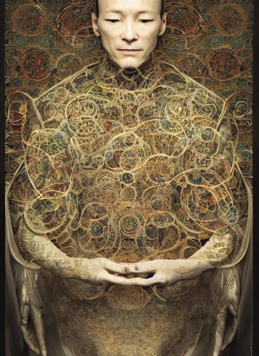 Image similar to portrait of a meditating machine monk cyborg wrapped in sacred scrolls, imari, fractal, in the style of the matrix, intricate ornaments, elegant, highly detailed, digital photography, subsurface scattering, by jheronimus bosch and greg rutkowski,