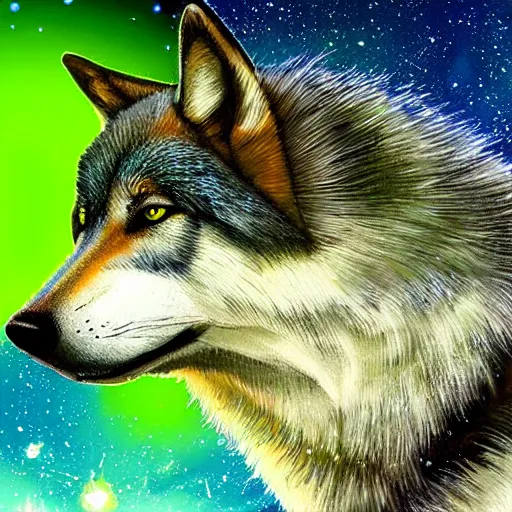 Prompt: cosmos view in the eye of a wolf