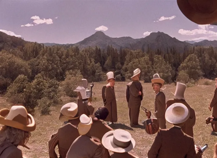 Image similar to 7 0 mm still from the holy mountain film by alejandro jodorowsky, intense scene in a picturesque outdoors setting, extra terrestrial beings in suits holding mirrors for people, close - up view of the actors'faces, technicolor, 8 k