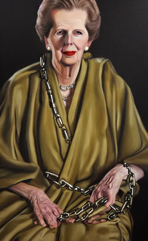 Image similar to an oil portrait of margaret thatcher in ceremonial robe keeping chained distressed servals at her feet, high quality, artstation, higly detailed, dark lighting