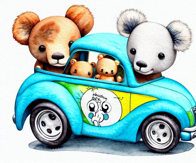 Image similar to cute and funny, koalabear with fuzzy ears riding in a tiny hot rod with an oversized engine, ratfink style by ed roth, centered award winning watercolor pen illustration, isometric illustration by chihiro iwasaki, edited by range murata, tiny details by artgerm and watercolor girl, symmetrically isometrically centered, sharply focused