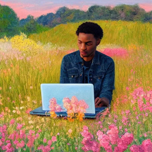 Image similar to a lightskin black man with short hair in a vast field of flowers, using a macbook laptop, wide shot, golden hour, vintage, impressionist painting, fine art, oil painting, dreamy, pastel, happy, intricate details, sharp, peaceful, serene