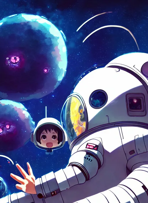 Image similar to portrait of cute kawaii astronaut android navigating a large biomechanical kaiju dragon, nebulous background of dynamic space, a dramatic composition by wlop and greg rutkowski and makoto shinkai and studio ghibli and kyoto animation cute bubbly clothing