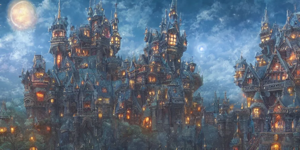 Image similar to imposing and highly ornamented fantasy castle, a lot of lights, multi layered huge architectures, no people, intricate, Anime Background, Miyazaki Hayao, Ghibli, editor’s pickup, trending on artstation, trending on deviantart, 4K