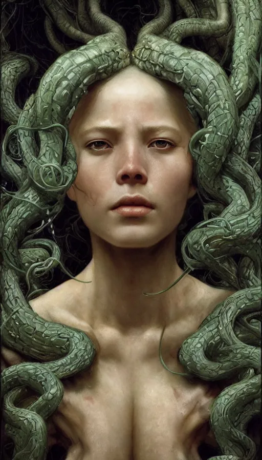 Image similar to epic masterpiece medusa, sweaty skin, hyperrealistic, octane render, cinematic, beautiful face and flawless skin, perfect hands, 5 fingers, by Edgar Maxence and Ross Tran and Michael Whelan, Legends of Runeterra