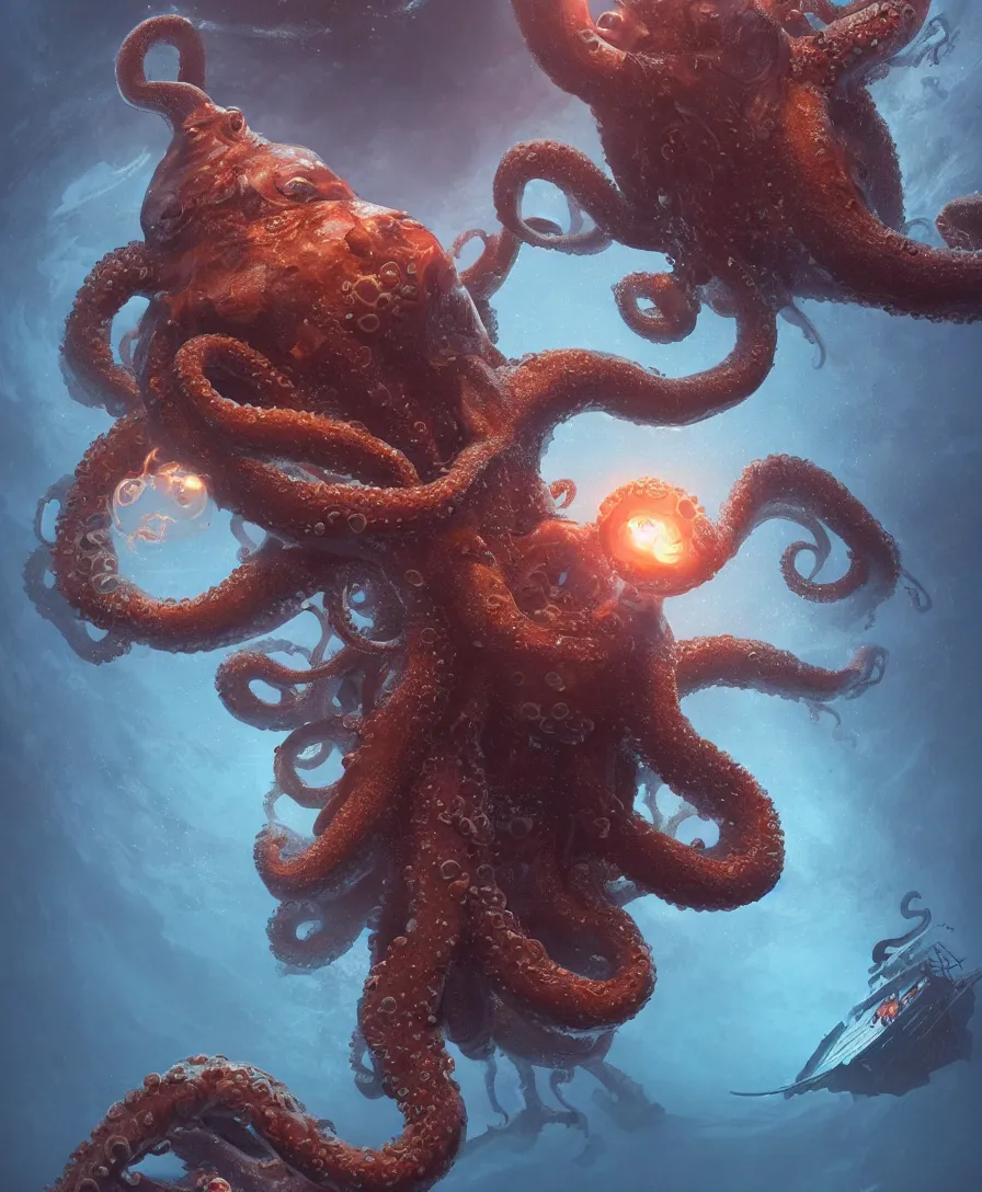 Image similar to giant octopus grabbing a small submarine underwater, illustrated by greg rutkowski, beautiful volumetric lighting style atmosphere, intricate, ultra detailed, photorealistic imagery, trending on artstation, octane render, 8 k