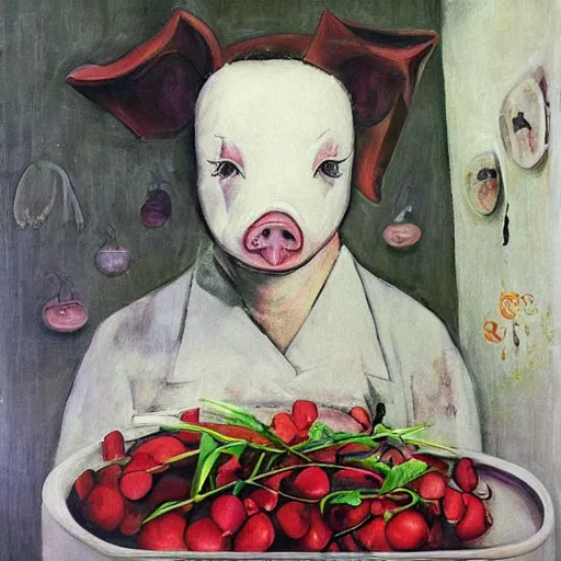 Prompt: “a portrait in an art student’s apartment, a feminine pig wearing white cotton stained with fresh juicy berries, pork, ikebana white flowers, white wax, squashed berries, acrylic and spray paint and oilstick on canvas, by munch and Dali”