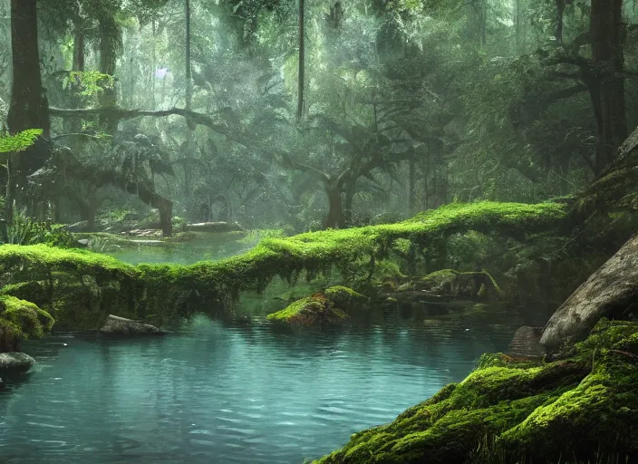 Prompt: A natural pool in a forest with tall trees, overgrown with moss, surrounded by lush plants, vines hanging from the tall trees, pine trees, detailed, digital art, trending on Artstation, atmospheric, volumetric lighting, hyper-realistic, Unreal Engine, sharp