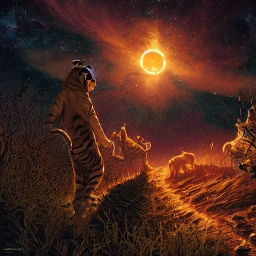 Prompt: out in the dark, among the stars, the tiger is dead by barclay shaw, andreas rochas, dan mumford craig mullins., intricate details, illustration, dynamic lighting, unreal engine, featured on artstation, soft glow