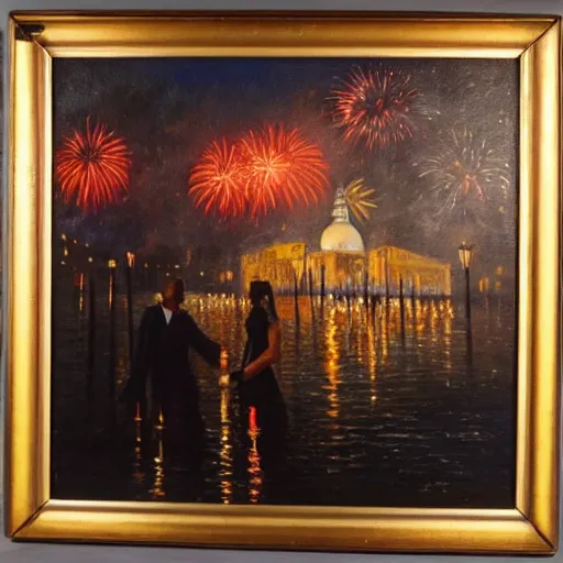 Image similar to an oil painting of couple kissing, in a background fireworks in venice