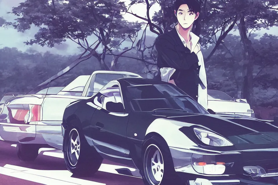 Image similar to aesthetic portrait illustration of ryosuke takahashi with black hair, dark blue shirt and white pants, standing by his white glossy mazda rx 7 on an empty highway at sunrise, cinematic lighting, initial d anime 1 0 8 0 p, 9 0 s anime aesthetic, volumetric lights, rule of thirds, unreal engine 5 render, pinterest wallpaper, trending on artstation