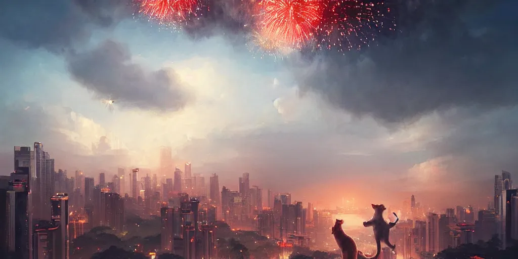 Image similar to Singapore city with a lion-shaped!!!!! cloud in the sky and fireworks in the sky, by greg rutkowski, red and white lighting, digital art, ultra realistic, ultra detailed, photorealistic, 4k, character concept