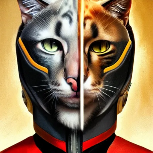 Prompt: UHD Photorealistic Feline-human hybrid Starfleet Officer wearing a spacesuit with hyperrealistic, correct details, cosmic dynamic lighting, symmetrical face, accurate face, by Greg Rutkowski