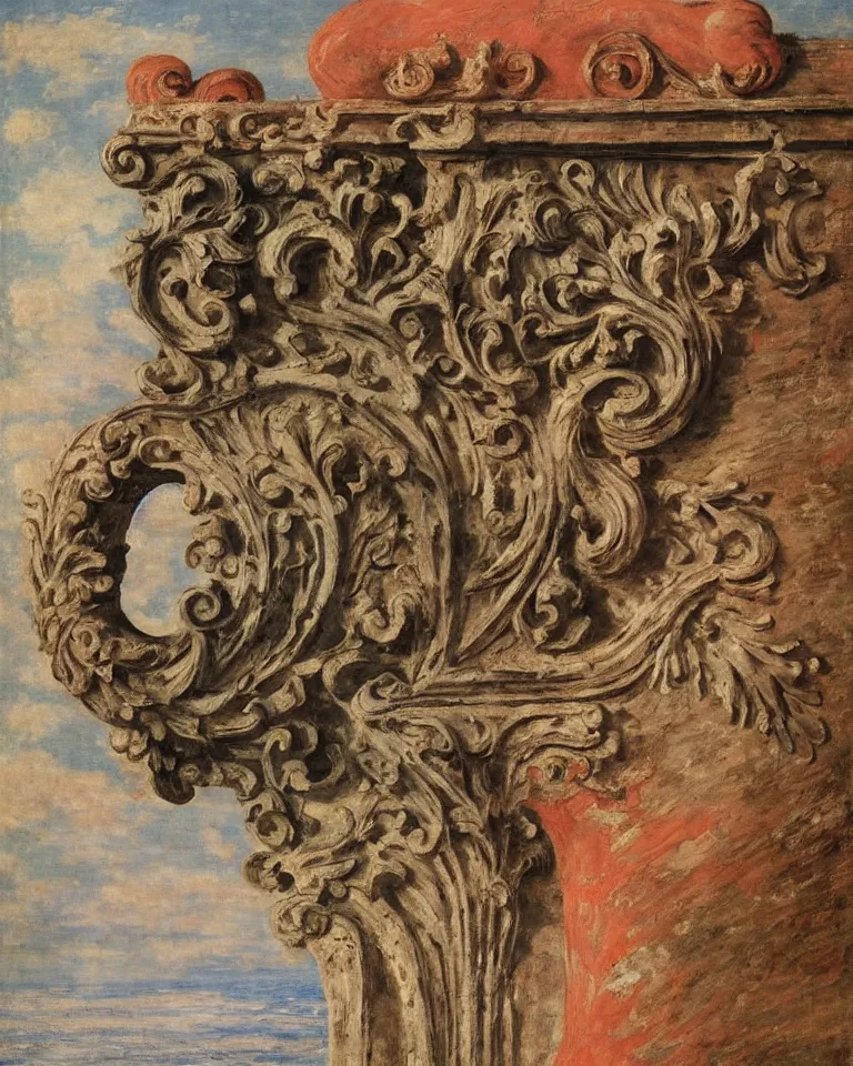 Image similar to achingly beautiful painting of intricate ancient roman doric capital on coral background by rene magritte, monet, and turner. giovanni battista piranesi.