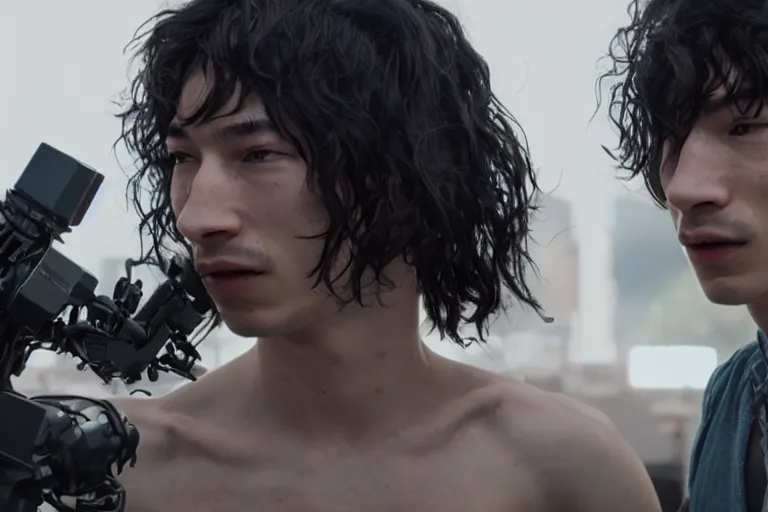 Image similar to a cinematic portrait of ezra miller fusing with a mechanical monstrosity, hyperdetailed, shinya tsukamoto, 8 k, hd, high resolution, 8 5 mm, f / 1. 8