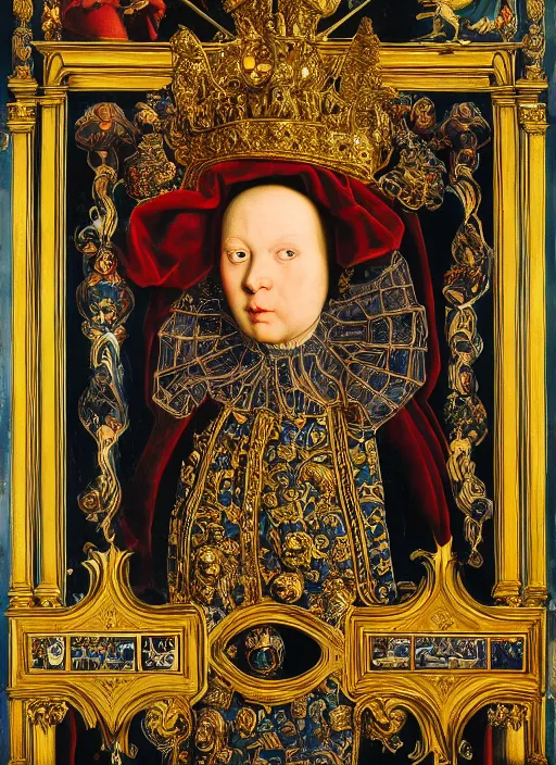 Image similar to a portrait of a shiny metallic renaissance robot, renaissance and baroque decorations, in the style of Jan van Eyck,