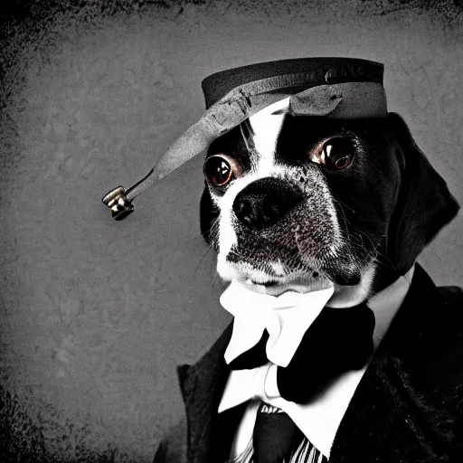 Prompt: portrait of a dog wearing a suit and a top hat and a monocle on one eye, digital art, duotone