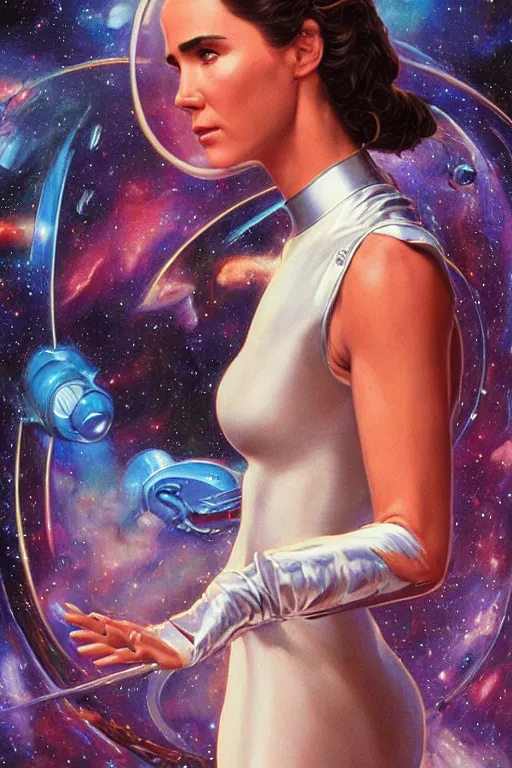 Image similar to Jennifer Connelly as a stunning , beautiful retro SCI-FI space heroine 1985 , intricate, elegant, highly detailed, centered, digital painting, trending on artstation, concept art, smooth, sharp focus, illustration, art by artgerm and donato giancola and Joseph Christian Leyendecker, Ross Tran, WLOP