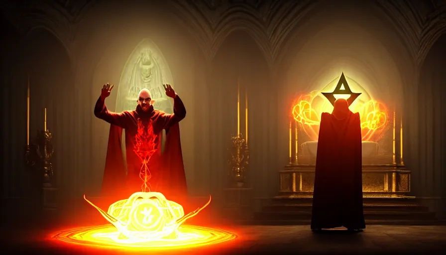 Image similar to an evil priest performs demonic ritual with magic and a glowing sigil in a fantastic temple, volumetric lighting, magical lighting, raytracing, dynamic lights and shadows, photorealistic render, digital art, wallpaper