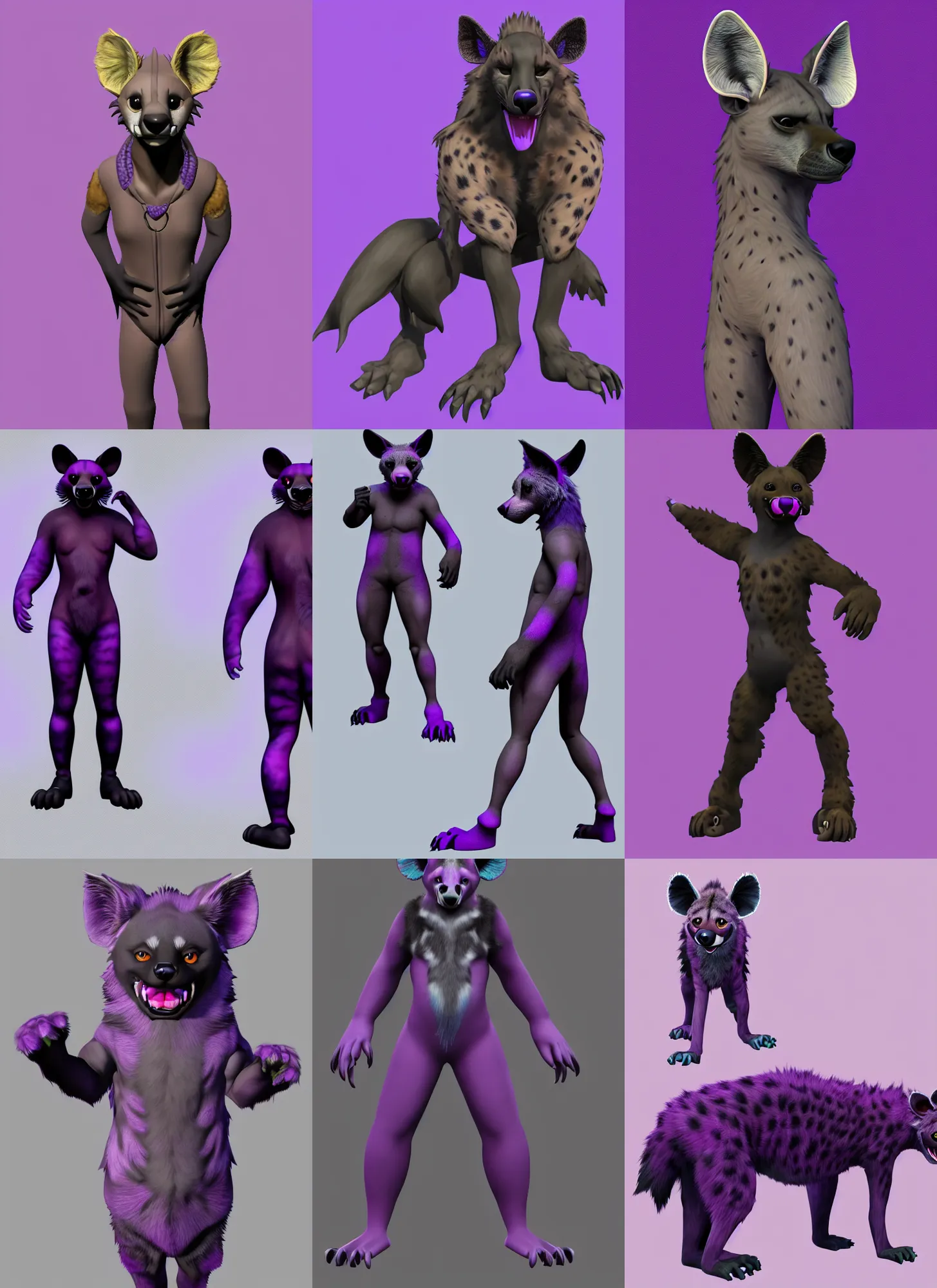 Prompt: a full - body centered front - perspective furry male fursona portrait, a male hyena fursona, purple and black fur color scheme, trending on weasyl, painted in zbrush, high - resolution, photorealistic