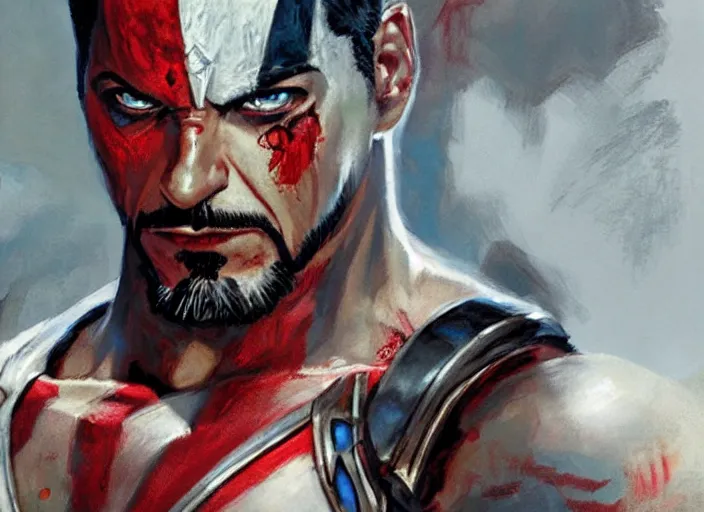 Image similar to a highly detailed beautiful portrait of tony stark as kratos, by gregory manchess, james gurney, james jean