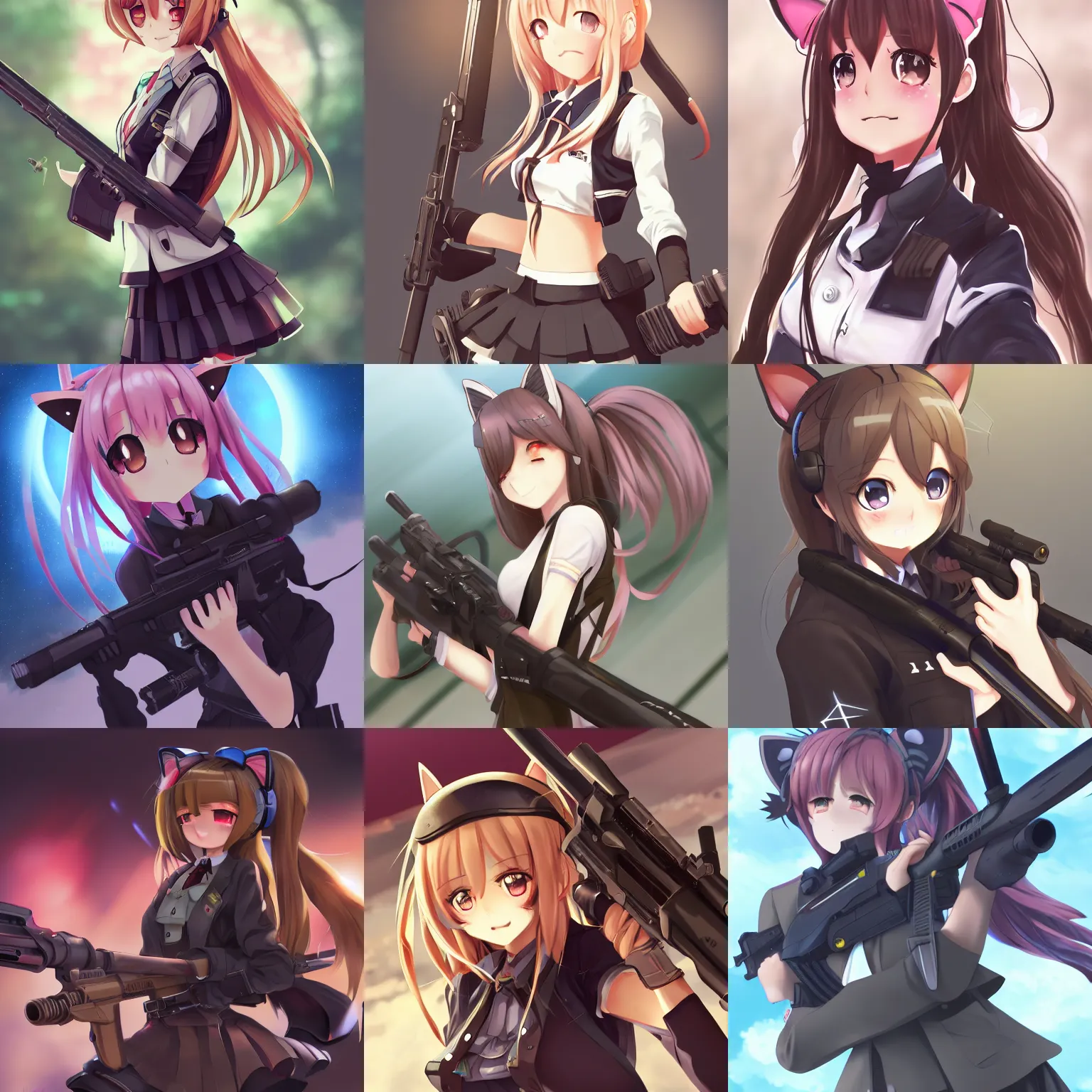 Prompt: anime, full body, cute, female, a cute girl wearing a school uniform with cat ears and holding a sniper rifle, gorgeous lighting, cat girl, highly detailed, digital painting, art station, sharp focus, frontal view, illustration, concept art, advanced digital anime art