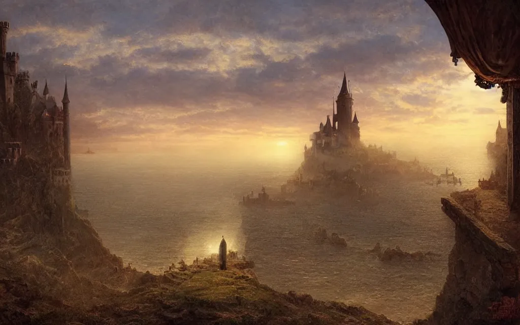 Prompt: large grand medieval castle at dawn, on a hill, small town surrounding, steampunk, ocean in the distance, cinematic lighting, intricate ink illustration, by albert bierstadt