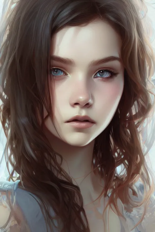 Image similar to portrait of barbara palvin, ambient lighting, 4 k, ilya kuvshinov, rossdraws, alphonse mucha, jung gi kim, artstation