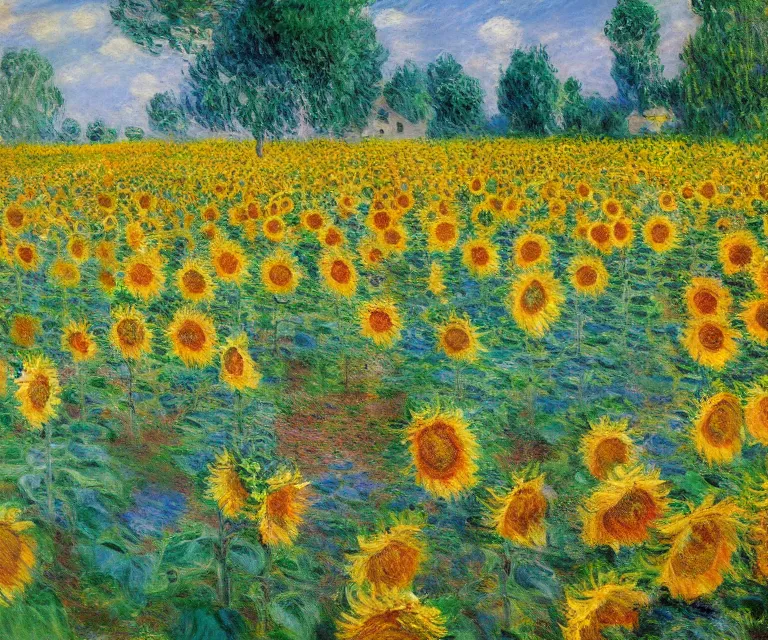 Image similar to sunflower garden, monet, oil painting, bright colors, sunlight, happy, peaceful, serene