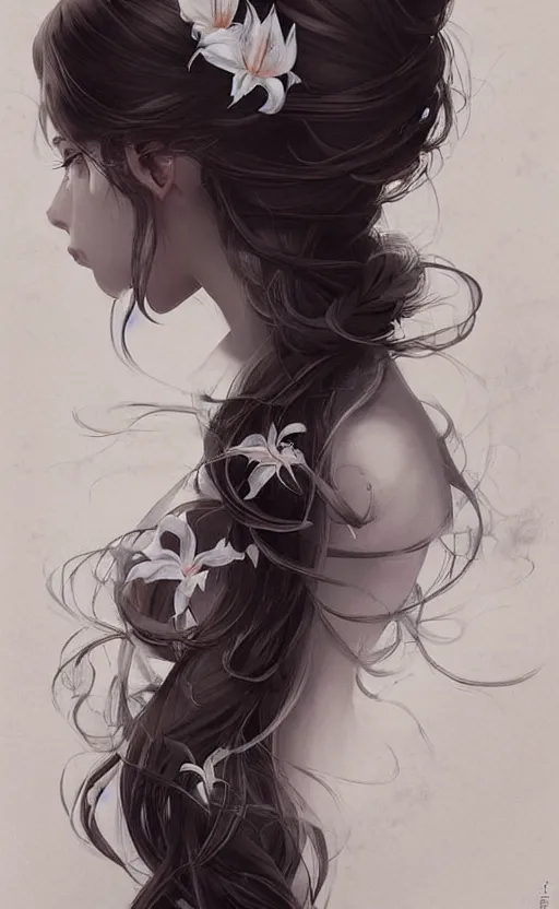 Prompt: beautiful long hairstyle with a lily and a few pearls, pinterest hair picture, back of the hair, hair is the focus, In style of Yoji Shinkawa, krenz cushart, Greg Rutkowski, highly detailed