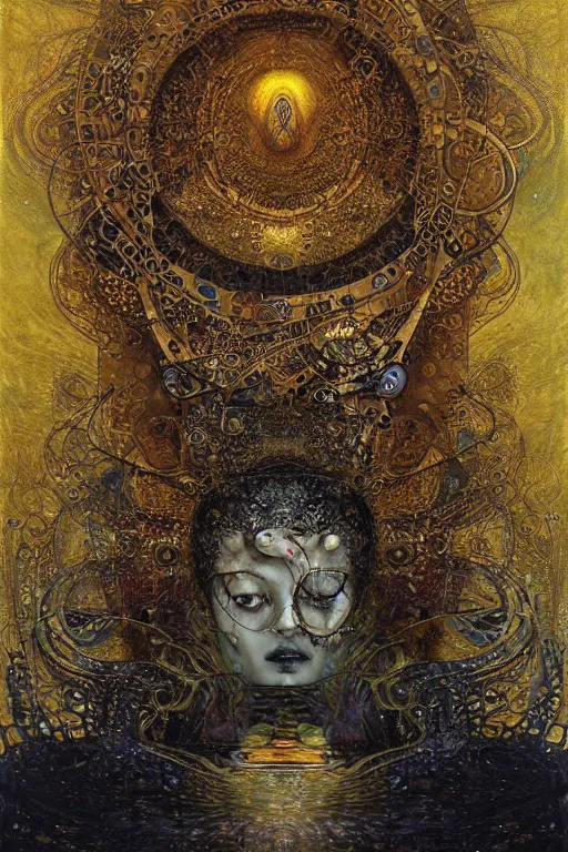 Image similar to Machinery of Fate by Karol Bak, Jean Deville, Gustav Klimt, and Vincent Van Gogh, otherworldly, fractal structures, ornate gilded medieval icon, third eye, spirals