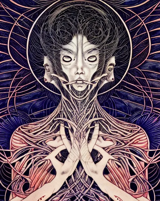 Prompt: human spirit breaking away from the body, conjuring psychedelic background, part by takato yamamoto, part by alex gray, ross tran, james jean, ultra realistic, highly detailed, 8 k, trending on artstation, cosmos, symmetry