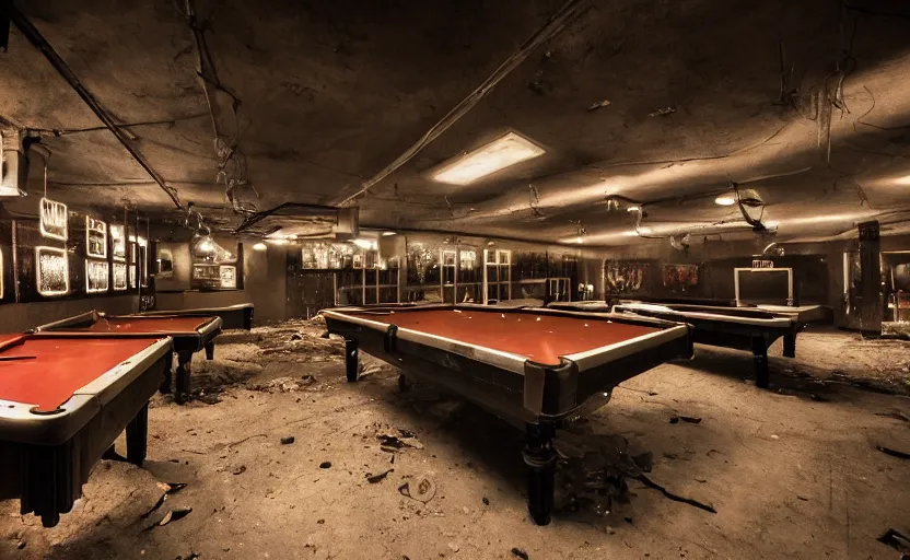Prompt: a dark photo of old pool tables in an abandoned 5 0 s bar in new vegas by lori nix