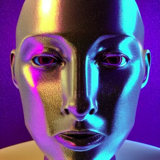 Image similar to 3d render of holographic human robotic head made of glossy iridescent, surrealistic 3d illustration of a human face non-binary, non binary model, 3d model human, cryengine, made of holographic texture, holographic material, holographic rainbow, concept of cyborg and artificial intelligence