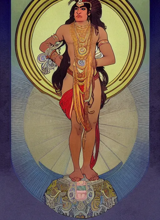 Image similar to a full body portrait of beautiful ornated hanuman!!!! god with flowing medium hair, soft facial features, kind appearence, digital art by alphonse mucha, inspired by krishen khanna and madhvi parekh, symmetrical body, artgerm, portrait, muted color scheme, highly detailed, outrun art style