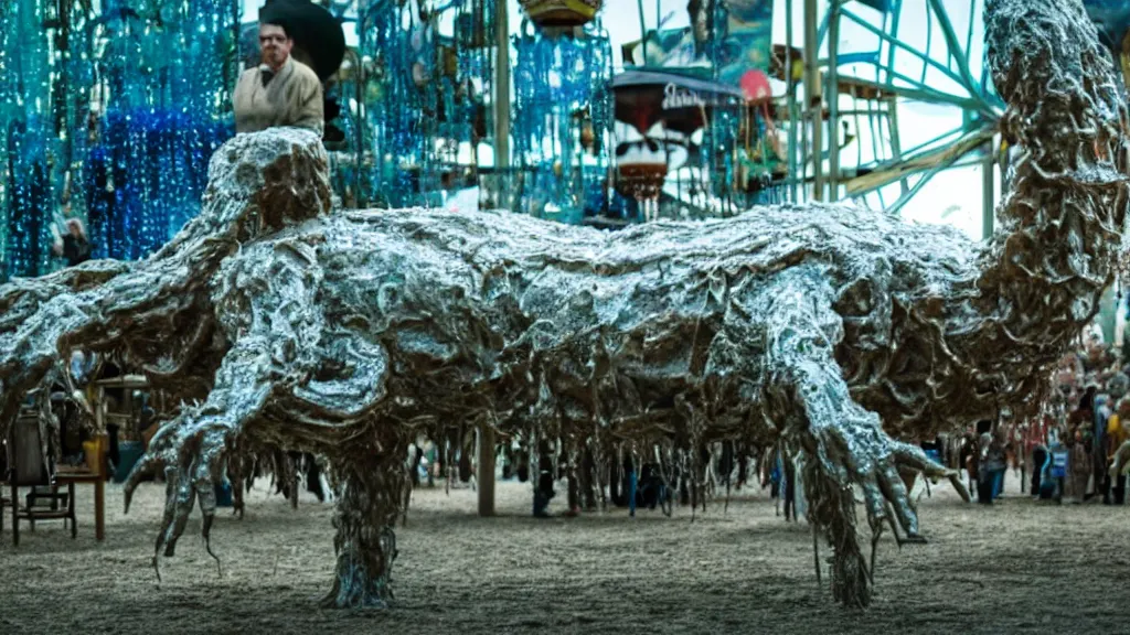 Image similar to the strange creature at the county fair, made of water and oil, film still from the movie directed by Denis Villeneuve with art direction by Salvador Dalí, wide lens