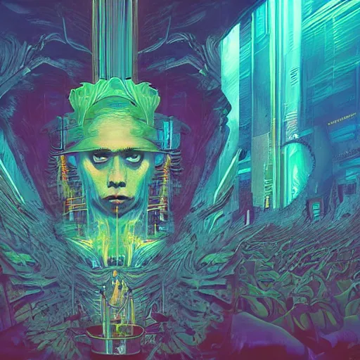 Image similar to seven angels come forth and receive seven bowls full of the wrath of god, smoke fills the temple so that no one can enter till the plagues of the seven angels have been complete, cyberpunk art by android jones, by beeple, darksynth, synthwave, quantum tracerwave