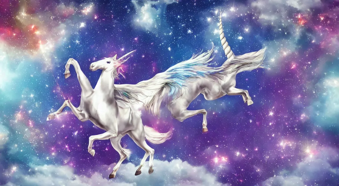 Image similar to a beautiful unicorn with wings flying in space