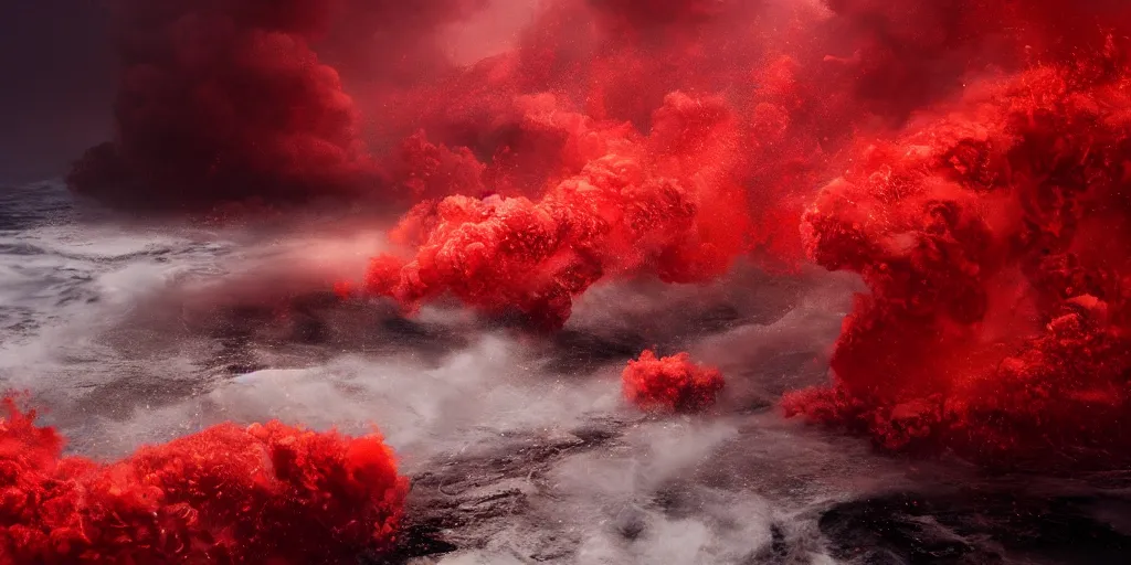 Image similar to a churning, boiling red sea with lots of smoky black and red steam, fantasy digital art, octane render, beautiful composition, trending on artstation, award-winning photograph, masterpiece