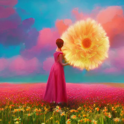 Prompt: using giant daisy flower as head, full body girl standing in a flower field, surreal photography, sunrise, dramatic light, impressionist painting, colorful clouds, digital painting, artstation, simon stalenhag