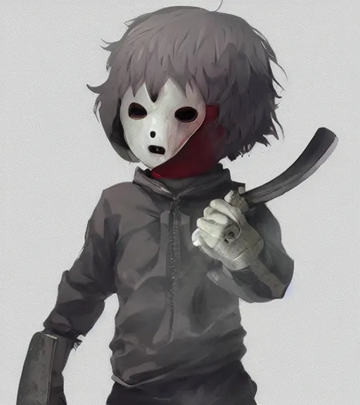 Image similar to beautiful little boy anime character inspired by jason voorhees, art by rossdraws, wlop, ilya kuvshinov, artgem lau, sakimichan and makoto shinkai, concept art, anatomically correct, extremely coherent, realistic, mask, smooth, hd, 8 0 s haircut