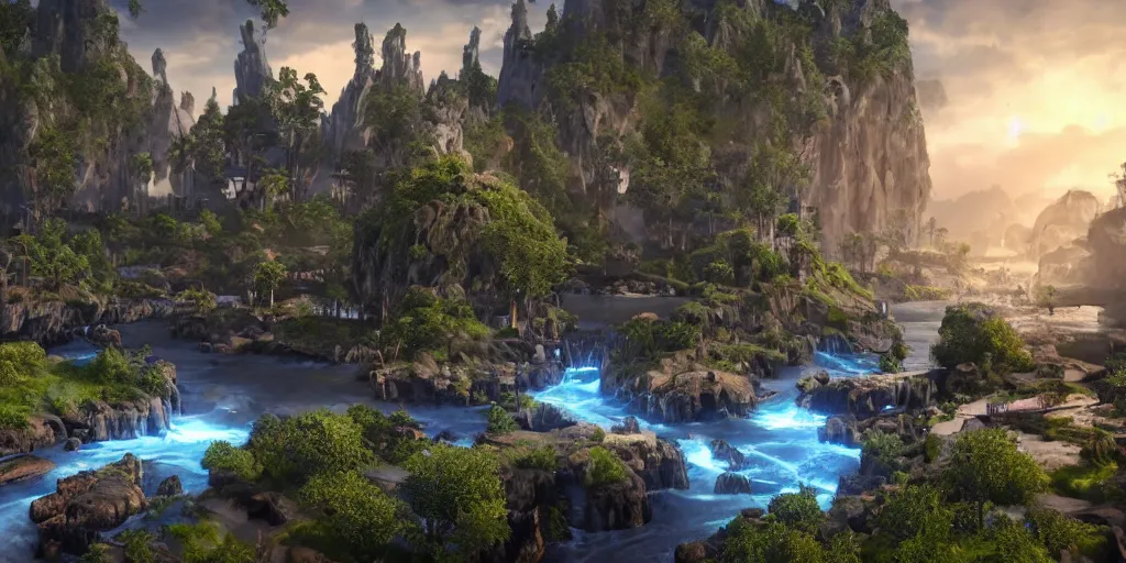 Prompt: beautiful and immersive magical town, magical buildings, bioluminescent forest surrounding, gentle rivers flowing through town, award - winning cinematography - cinematic lighting, dramatic lighting, stunning and beautiful view - unbelievably amazing - highly detailed, hyperrealistic, unreal engine 5, in the style of kingdom hearts and final fantasy