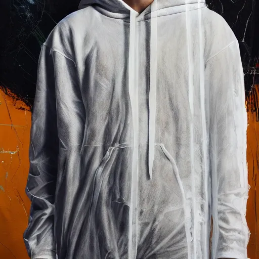 Prompt: a full body lookbook portrait of modern - day jesus wearing virgil abloh off - white menswear collection by nicola samori, hat and hoodie, detailed, oil painting, hyper - realistic, 8 k, off - white collection